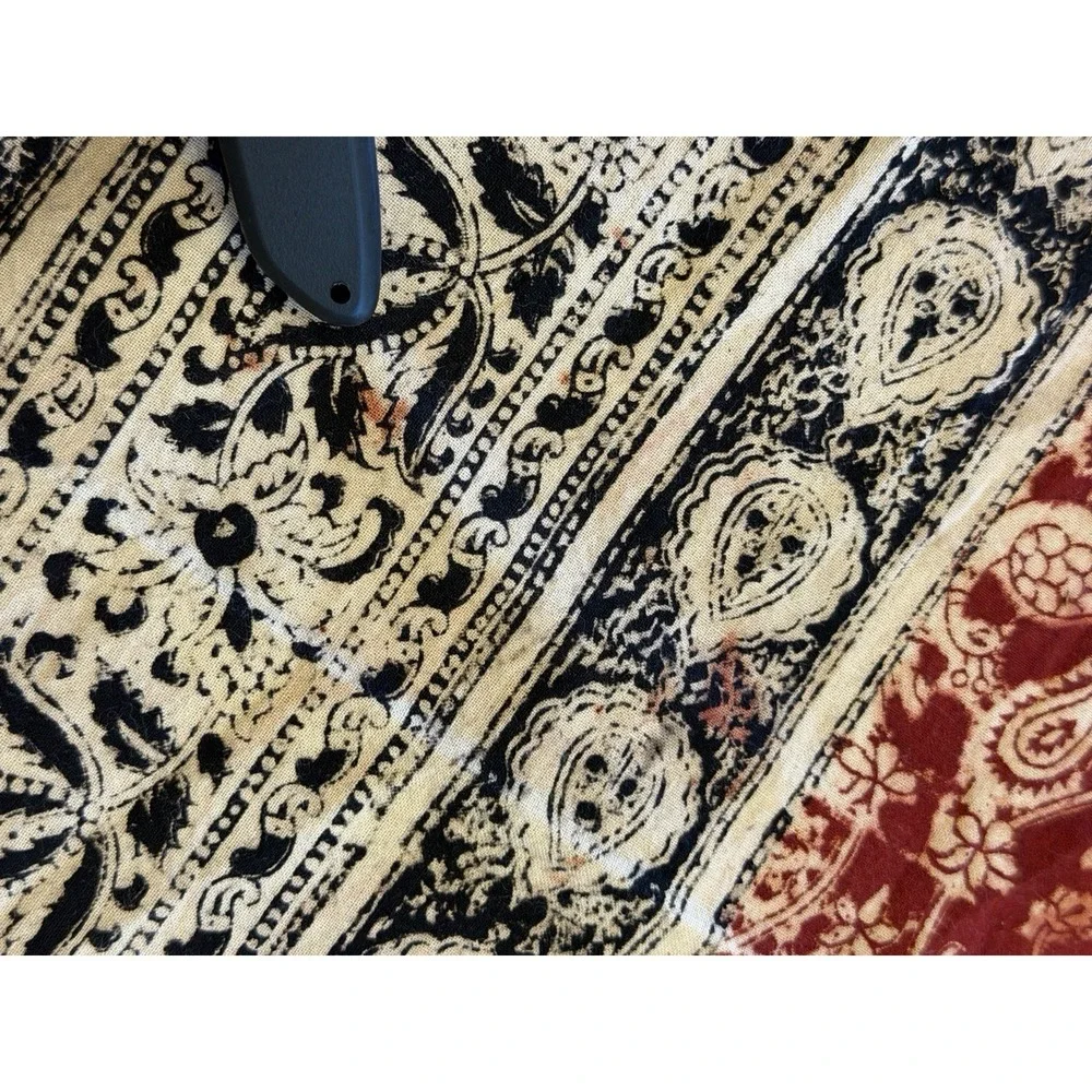 Vintage Indian Block Print Floral Tablecloth Border Black Burgundy Square 44